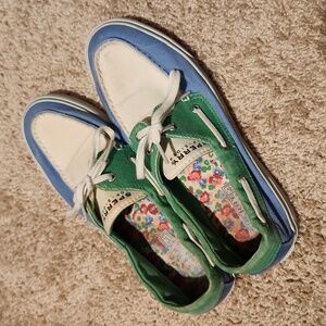 Sperry Women's Colorblock Canvas Green White Blue‎ Boat Shoes 9.5 Beach Preppy
